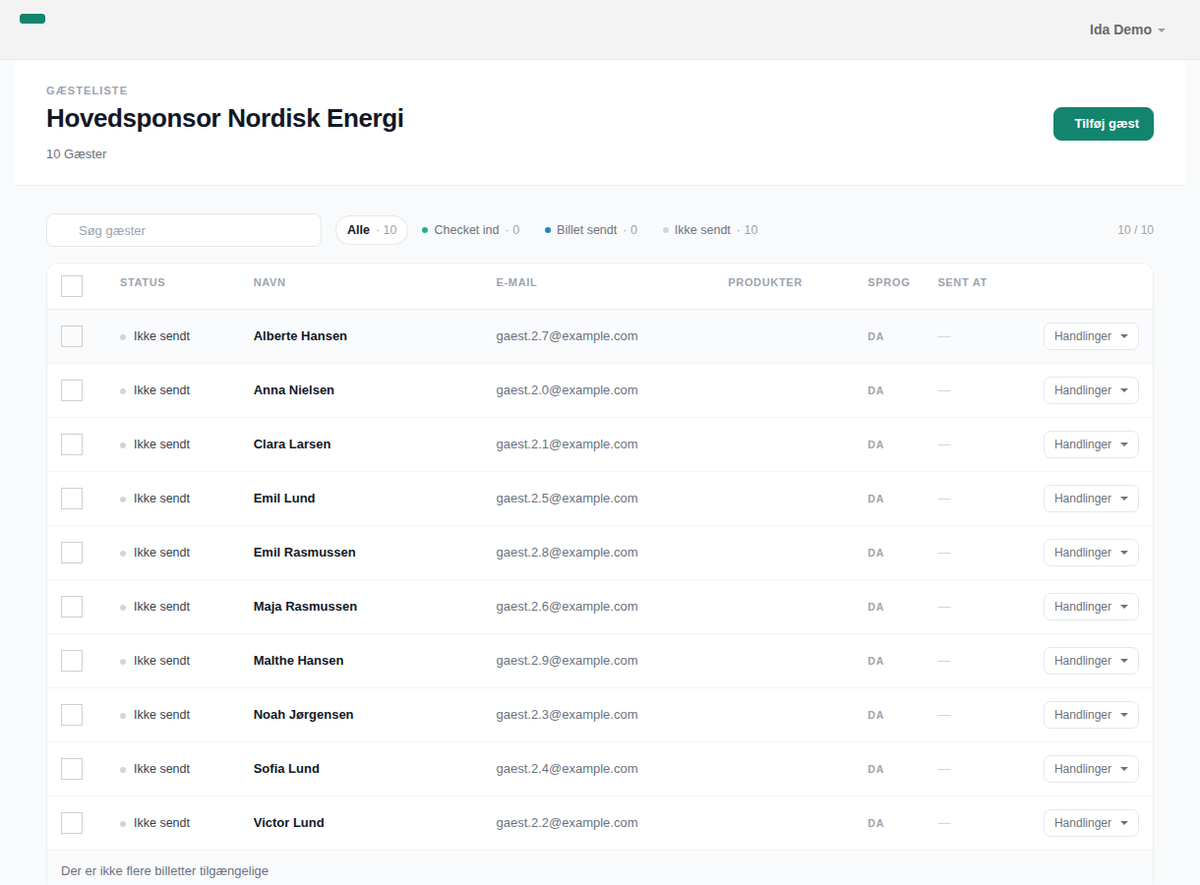 A guest list in Crewstack with ten guests, the status of ticket sent and check-in, products and language per guest