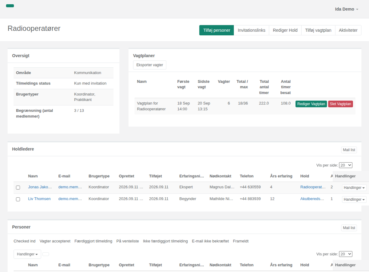 Team page in Crewstack with registration status, user types, a cap on the number of members, the team's schedule with hours filled and the list of team leads