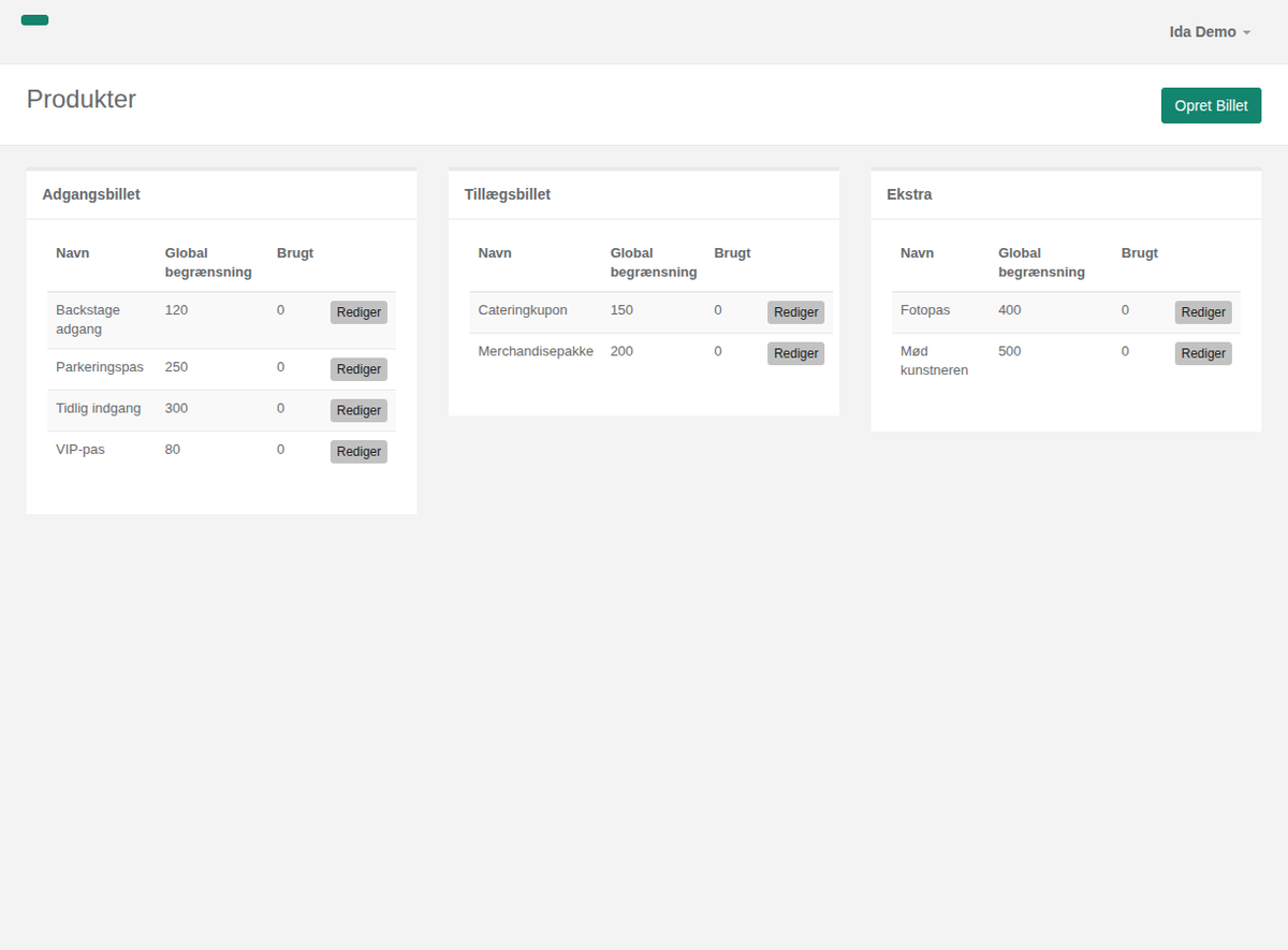 Product overview in Crewstack with access tickets, add-on tickets and extra products, each with a global limit and usage