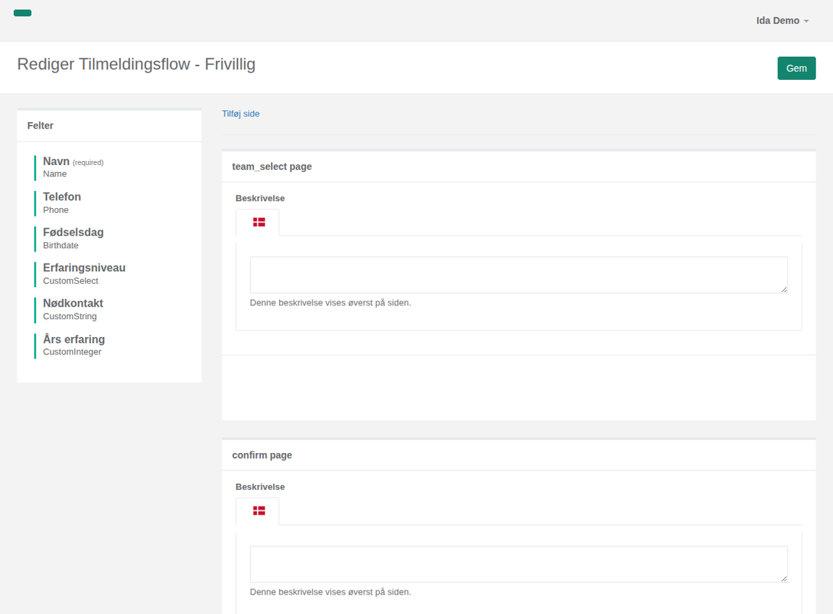 The form builder in Crewstack: fields on the left, pages with description, team choice and confirmation on the right