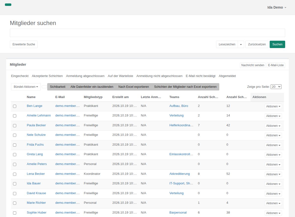 Die Mitgliederliste in Crewstack mit Statuserklärung, Filtern, Spaltenauswahl, Excel-Export und der Zahl der Schichten und Schichtstunden pro Person