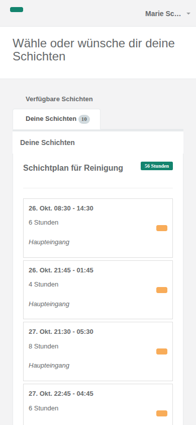 Das Crew-Portal auf dem Handy: der Reiter Deine Schichten mit zehn Schichten, Stunden und Treffpunkt